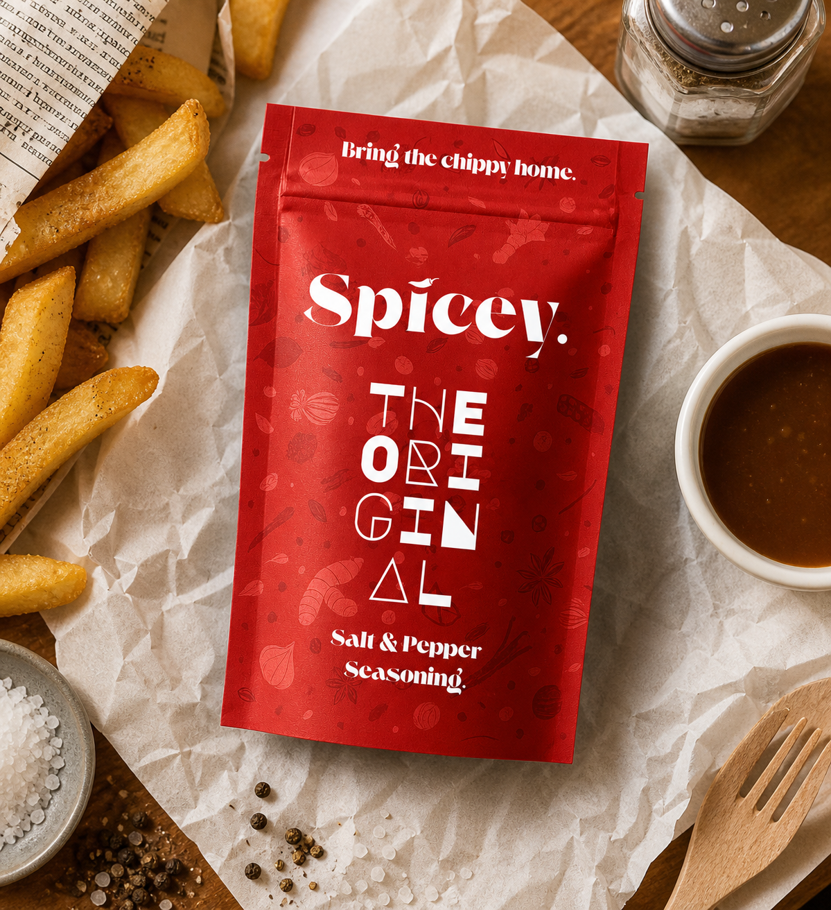 Spicey The Original on chippy paper with chips, salt and curry sauce